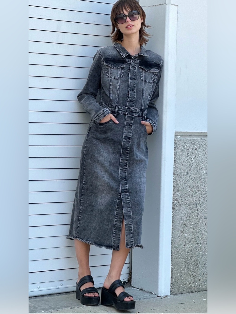 Wash Lab Black Denim Washed Midi Dress with Button Front